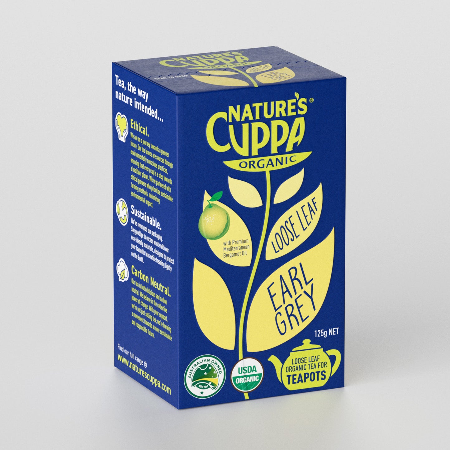 3D Front View of Nature's Cuppa Organic Earl Grey Loose Leaf Tea With Pure Bergamot Oil 125g
