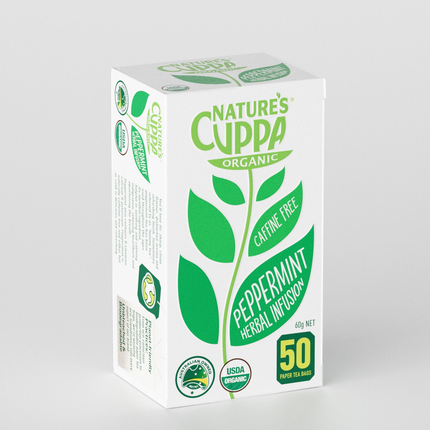 3D Front View of Nature's Cuppa Organic Peppermint Herbal Infusion Tea Bags 50