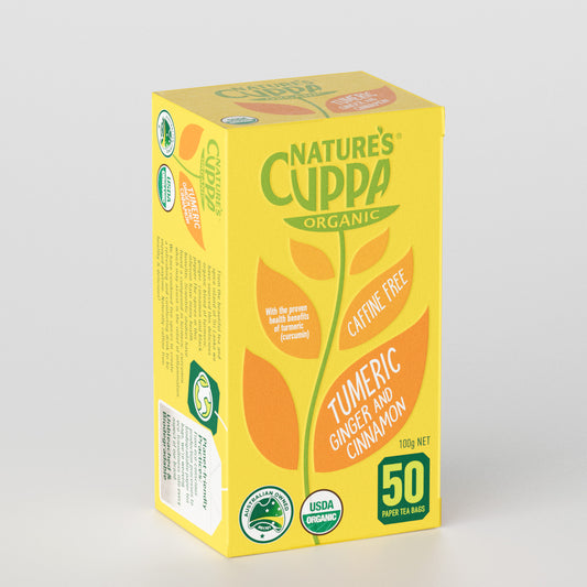 3D Front View of Nature's Cuppa Organic Turmeric, Ginger and Cinnamon Tea Bags 50