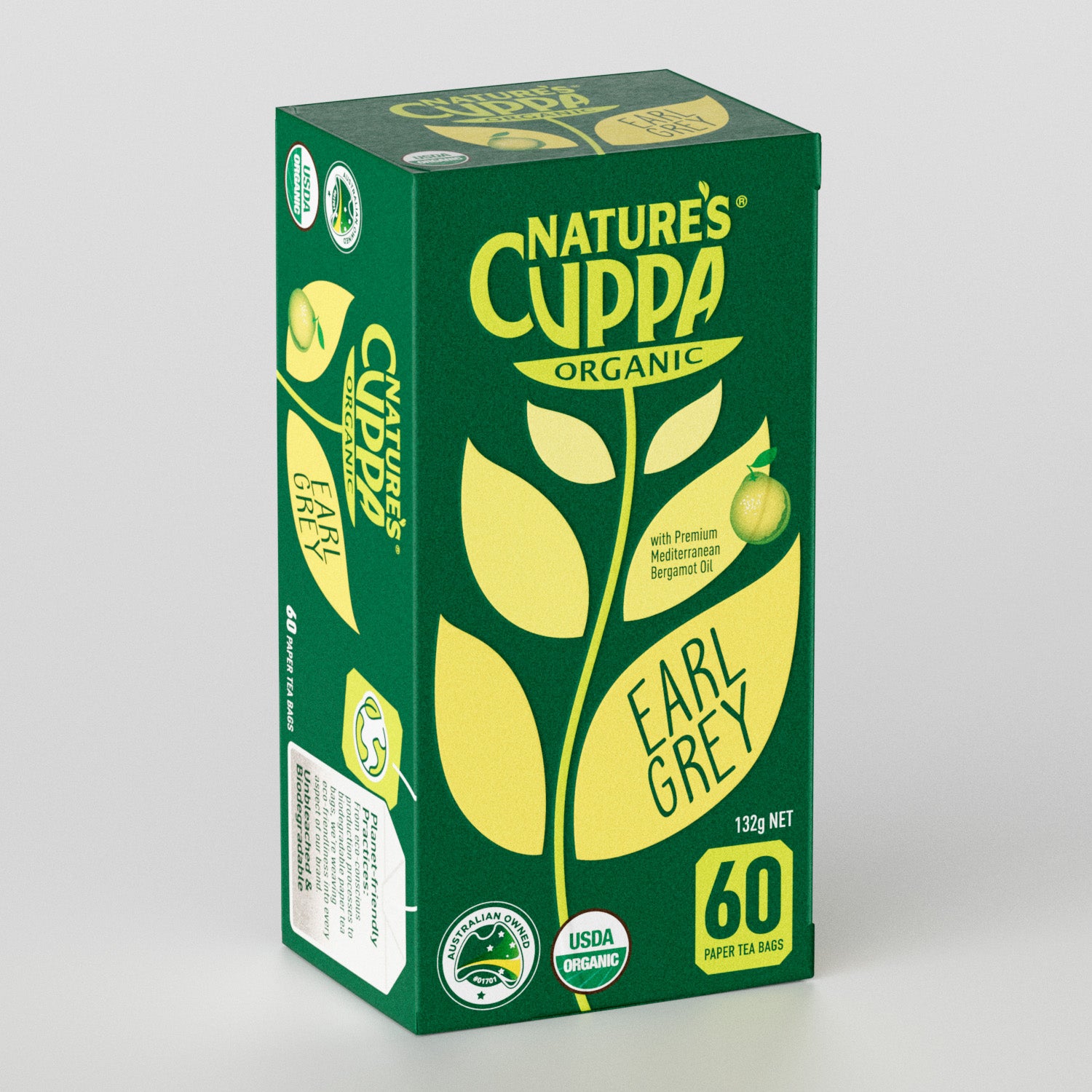 3D Front View of Nature's Cuppa Earl Grey Tea Bags With Pure Bergamot Oil 60