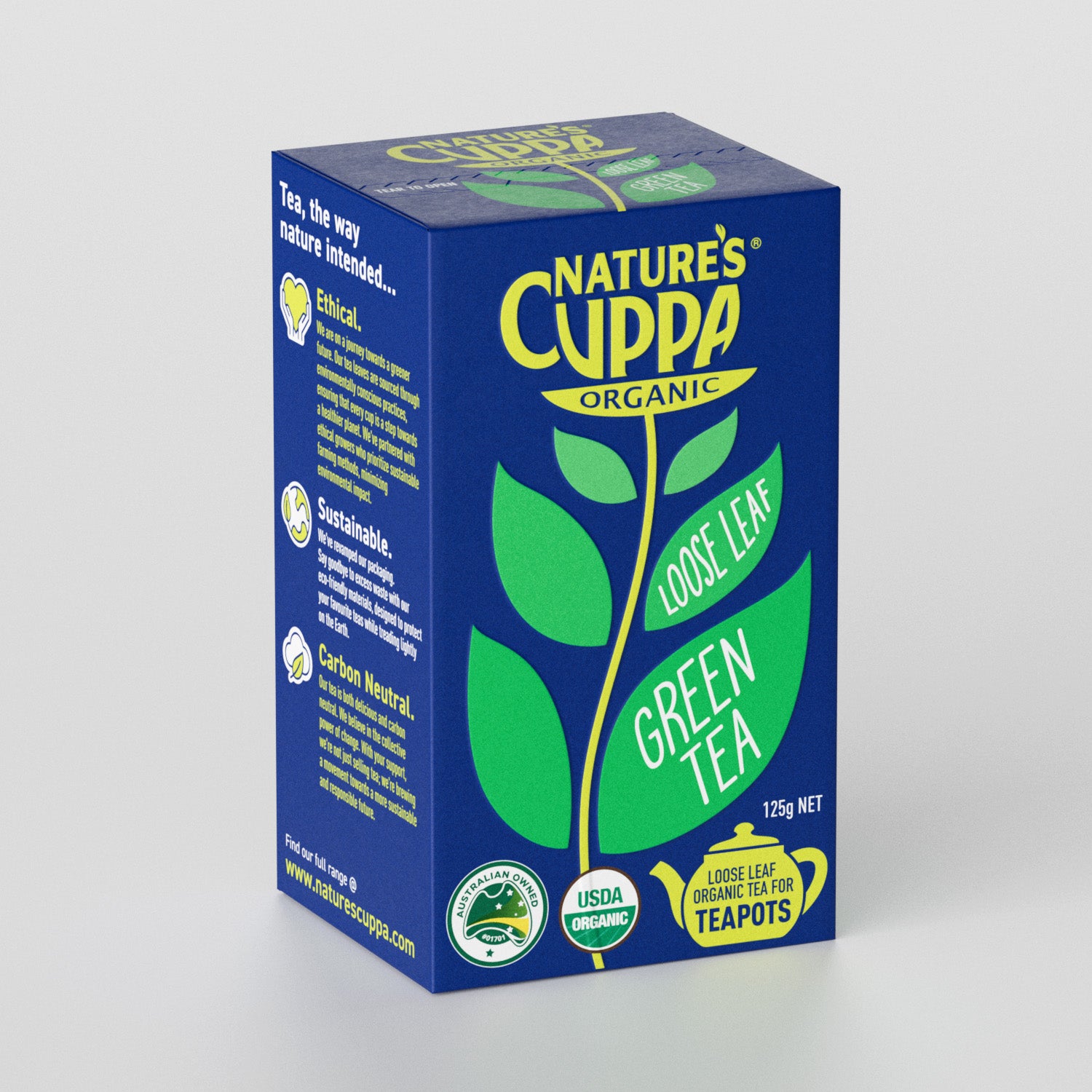3D Front View of Nature's Cuppa Organic Green Loose Leaf Tea 125g