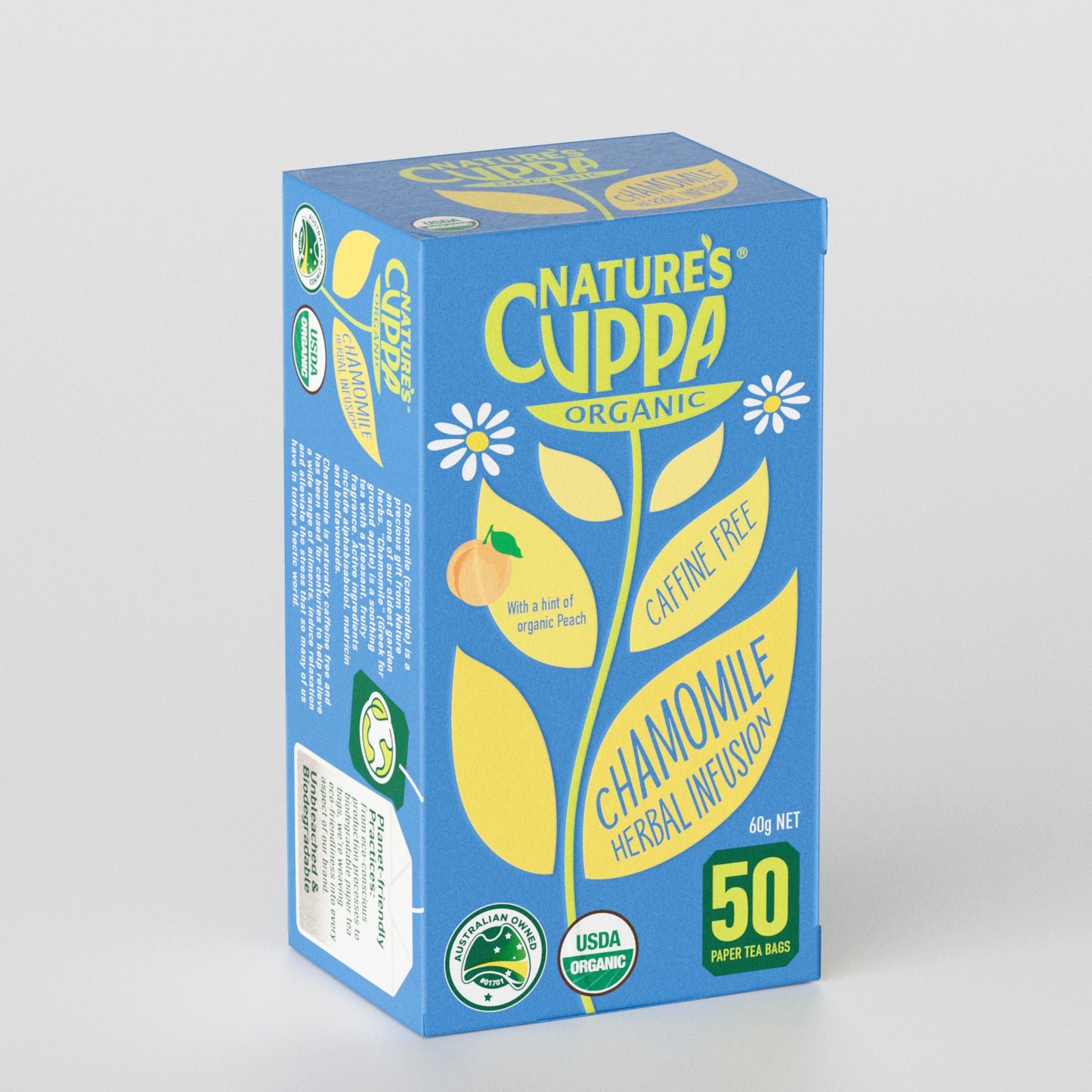 3D Front View of Nature's Cuppa Organic Peach Infused Chamomile Tea Bags 50