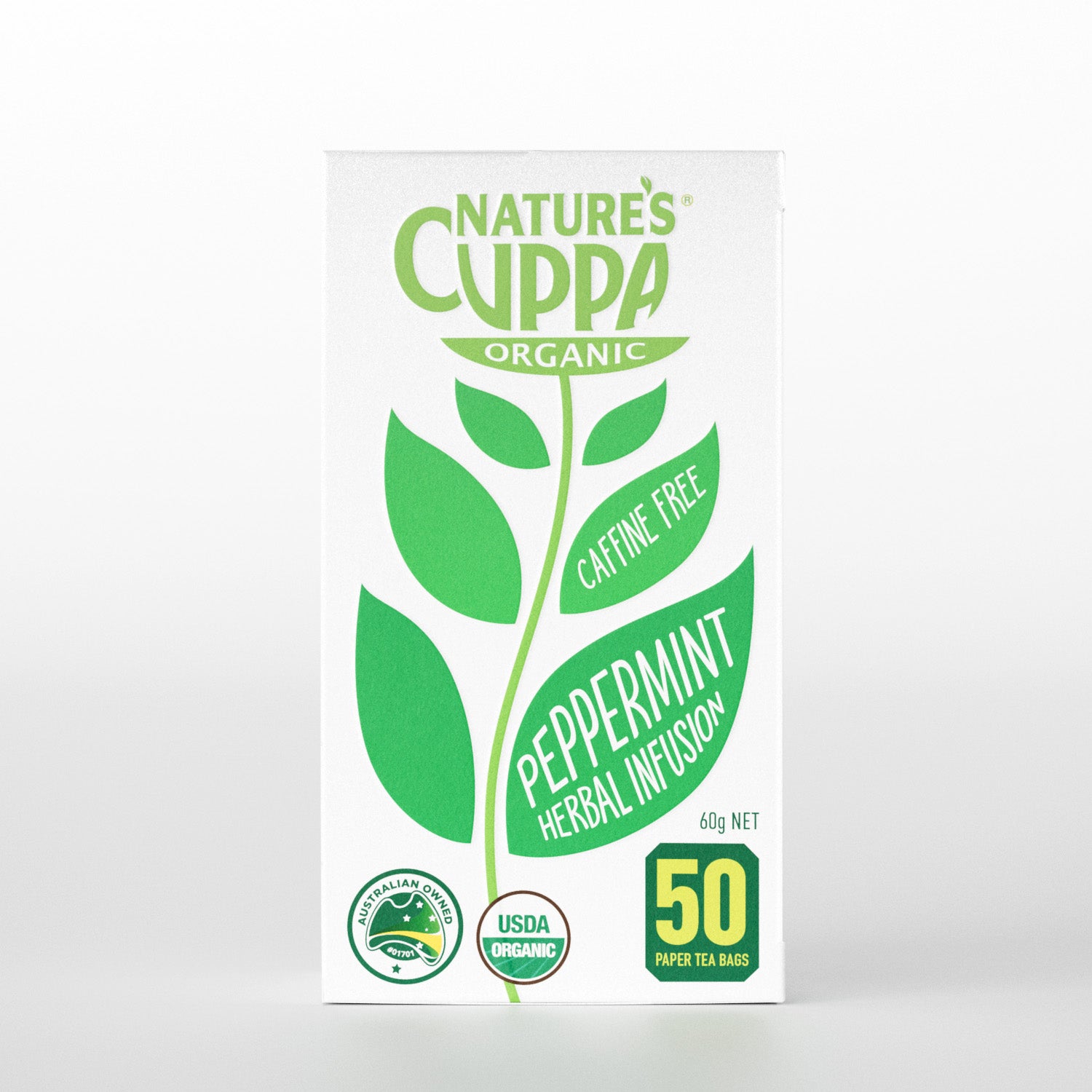 2D Front View of Nature's Cuppa Organic Peppermint Herbal Infusion Tea Bags 50