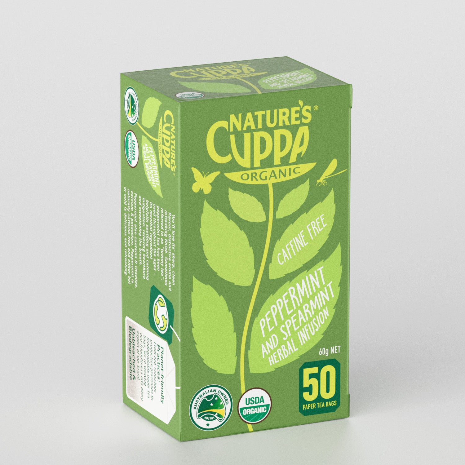 3D Front View of Nature's Cuppa Organic Spearmint Infused Peppermint Tea Bags 50