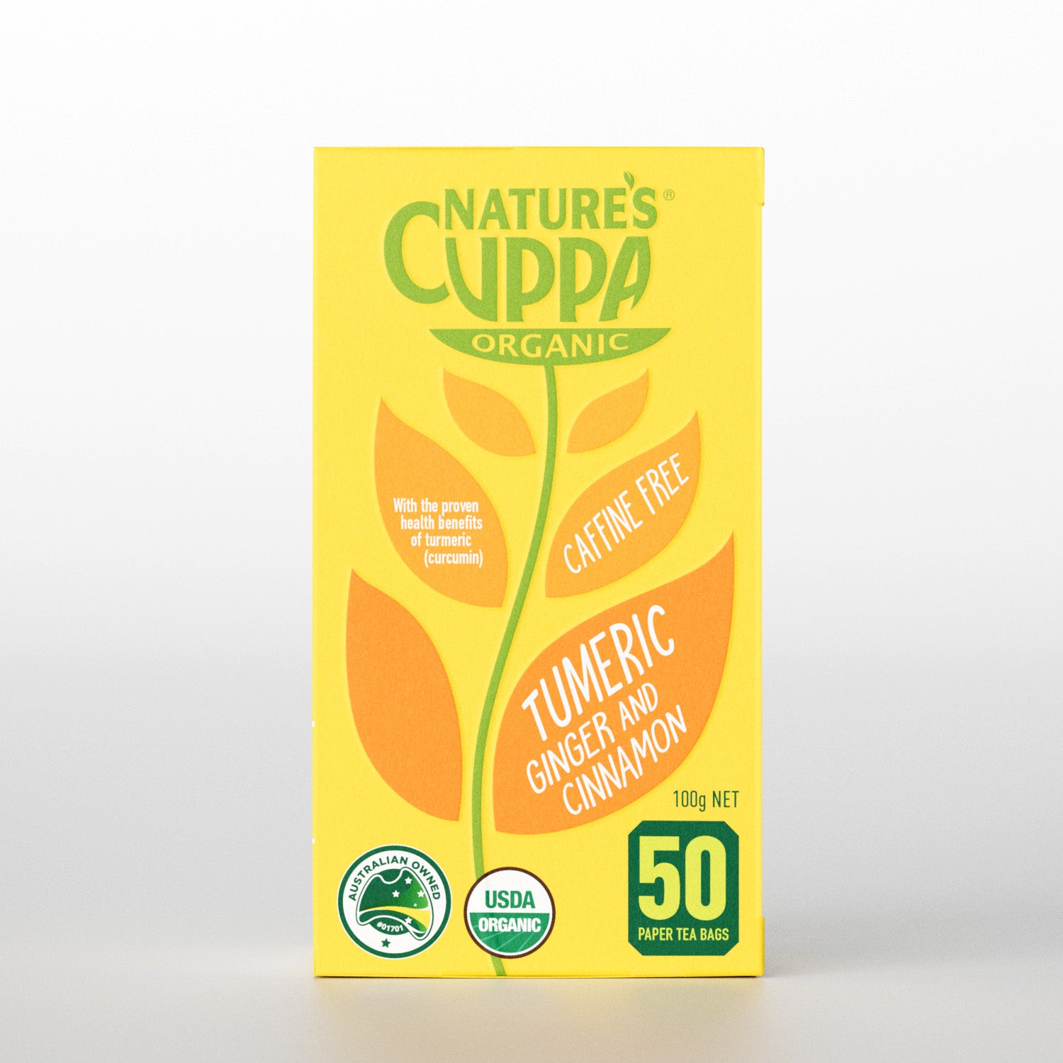 2D Front View of Nature's Cuppa Organic Turmeric, Ginger and Cinnamon Tea Bags 50
