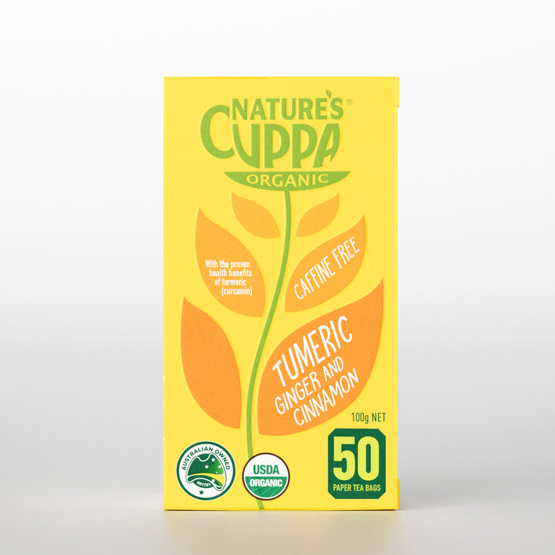 2D Front View of Nature's Cuppa Organic Turmeric, Ginger and Cinnamon Tea Bags 50