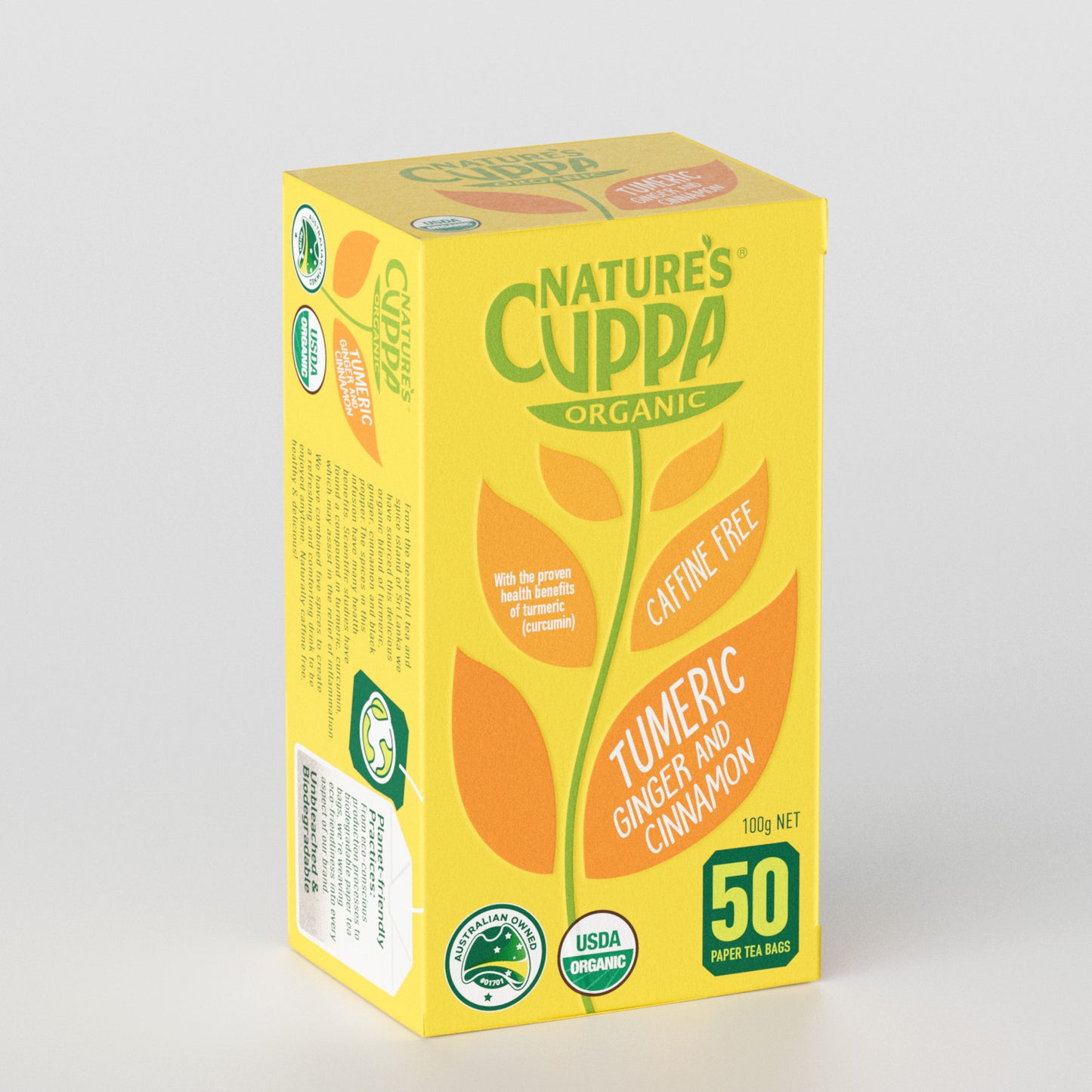 3D Front View of Nature's Cuppa Organic Turmeric, Ginger and Cinnamon Tea Bags 50